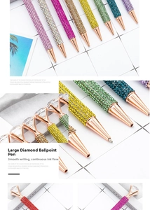Macro detail of luxury crystal ballpoint pen with full diamond barrel and rose gold trim