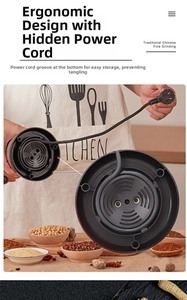 Detail of electric grinder base featuring hidden power cord storage and 3-pin plug