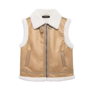 Women's stylish khaki faux leather vest with soft white sherpa lining and zip front