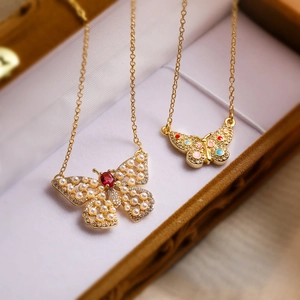 Butterfly Pendant Necklace Gold Plated Copper With Zircon Artificial Pearl Red Gem And Colorful Enamel Elegant Jewelry For Women