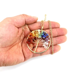 Handmade gold wire wrapped tree of life pendant necklace with colorful natural crystal stones