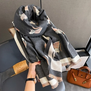 Thick cashmere-feel shawl with grey and beige cat patterns and fringe edges