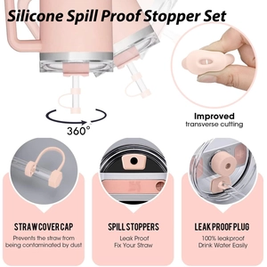 Pink silicone spill proof stopper set for water bottle with straw covers and leak proof plugs