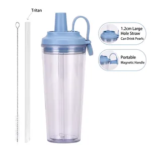 Detail of double-walled tumbler with wide 1.2cm straw and magnetic handle feature