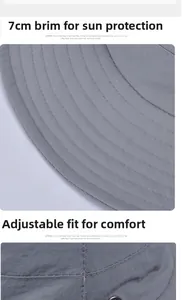 Detail of 7cm wide brim and adjustable buckle on gray quick-dry outdoor sun hat