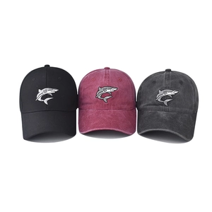 Washed cotton baseball caps with shark embroidery in black, burgundy and grey