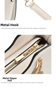 Detailed macro view of golden hardware buckle and smooth zipper on cream leather handbag
