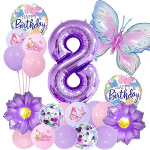 Detail view of purple number 8 balloon with gradient butterfly and sunflower party set
