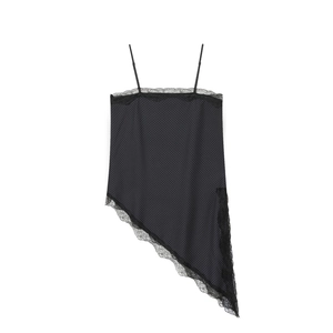 Top À Bretelles À Pois Noir Dentelle Ourlet Asymétrique Bretelles Spaghetti Réglables Débardeur Sexy Slim Pour Femmes