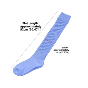 Detail showing light blue slouch socks with ribbed texture and 52cm length dimensions