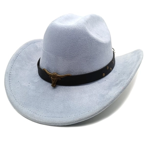 Detail of light blue suede cowboy hat featuring a black leather band and metal bull head logo