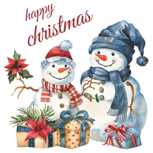 Watercolor Christmas wall decal with snowmen, gift boxes and Poinsettia flowers