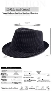 Detail specifications of black striped fedora with dimensions 50cm head size and 12cm depth