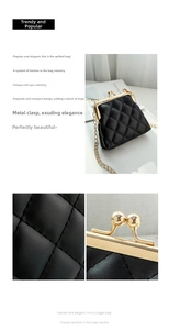 Macro shot of black quilted faux leather and gold kiss-lock closure on mini purse