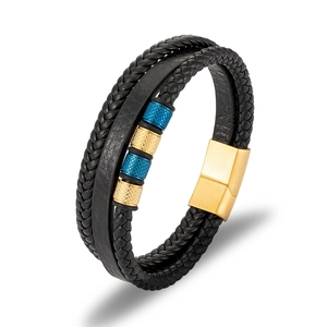 Men's multi-layer woven leather bracelet with blue metal beads and gold magnetic clasp