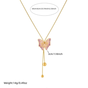 Pink purple gradient butterfly tassel necklace with gold plating and solid gold beads