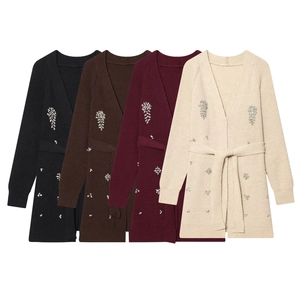 Gilet En Tricot Pour Femmes Pull À Manches Longues Col En V Décoration En Strass Ceinture Élégante