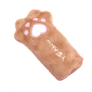 Cute brown plush cat paw pencil case with pink embroidery and soft furry texture