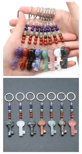 Detailed view of handmade chakra stone key pendant with seven-color natural crystal beads