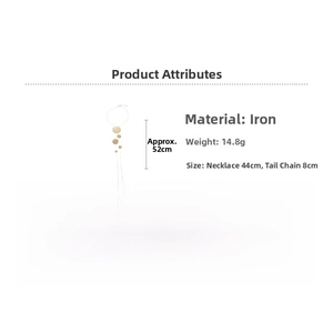 Detail specifications for a geometric gold layered iron necklace with circular metal charms