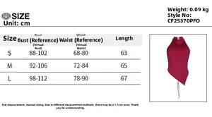 Detailed size chart with measurements for the burgundy halter neck backless top