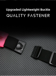 Detail of premium lightweight plastic buckle and elastic strap on waterproof waist bag