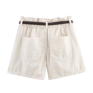 Pantaloncini beige donna in cotone a vita alta paperbag con cintura marrone
