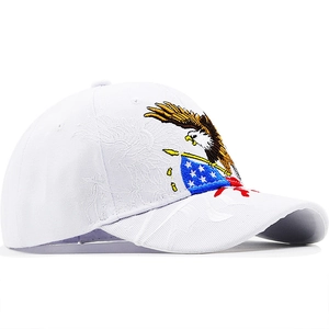 White hip hop flat brim cap with detailed bald eagle and American flag embroidery