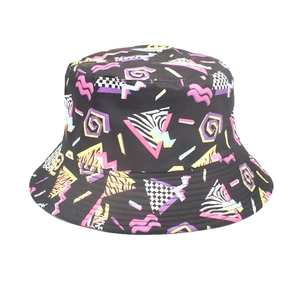 Detail of the colorful 90s retro geometric patterns and prints on the black bucket hat