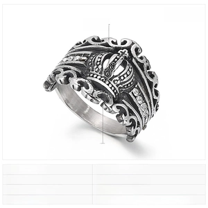 Detail view of retro steel crown ring showing 19mm diameter and 4mm band width dimensions
