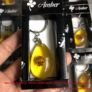 Close-up of ladybug amber insect keychain with box packaging measuring 102x49x17mm