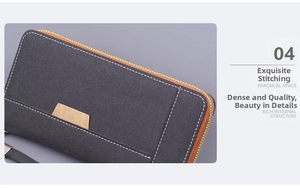 Détail montrant les coutures de qualité et la texture en toile d'une pochette pour homme