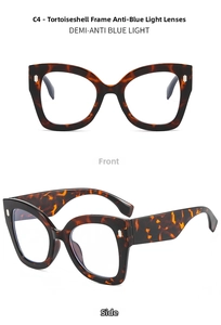Macro view of leopard print cat eye glasses with blue light blocking lenses and rivets