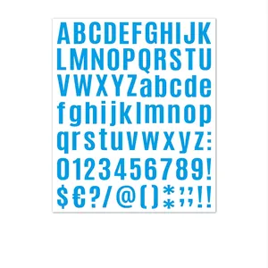 Close-up of light blue alphabet and numeric stickers for DIY scrapbooking and crafts