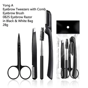 Eyebrow Grooming Trimming Tools Stainless Steel Razor Scissors Tweezers Spoolie Brush Portable Professional Black
