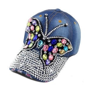 Casquette en jean bleu pour femmes avec papillon en strass et visière scintillante