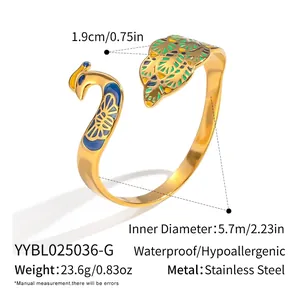 Detail view of vintage peacock enamel bangle with dimensions and stainless steel weight