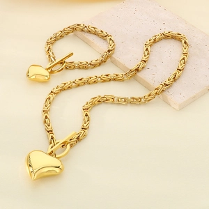 Heart Pendant Necklace And Bracelet Stainless Steel Byzantine Chain Toggle Clasp Fashion Jewelry For Women