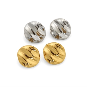 Polished 18k gold and silver stainless steel round stud earrings with wave ripple texture