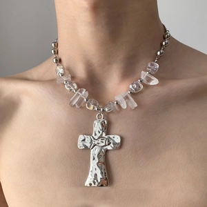 Cross Pendant Necklace Alloy Hammered Metal Ichthys Fish Religious Style Beaded Irregular Crystal Stone Vintage Jewelry