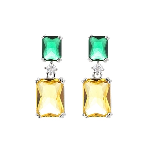 Elegant geometric 5ct emerald green and yellow rectangle crystal drop earrings in silver