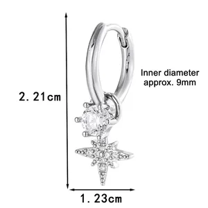 Silver star hoop earrings with micro-inlaid zircon and 2.21cm drop length details