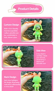 Detailed views of the creative mechanical rabbit keychain in vibrant green and orange.