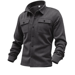 Detail of dark grey fleece casual jacket showing button-down front and flap chest pockets