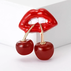 Enamel Red Lips Cherry Brooch Pin Alloy Fruit Shape Fashion Jewelry Accessory For Women Creative Lapel Pin