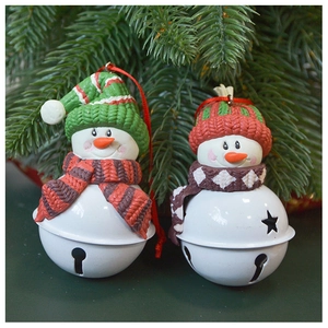 Detail of Christmas snowman bell ornaments with knitted texture on pine tree