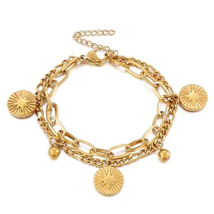 Fashion Titanium Steel Double Layer Sunburst Coin Pendant Bracelet For Women Gold Silver Plated Layered Chain Adjustable Jewelry Gift