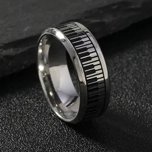Stainless Steel Ring Piano Keyboard Pattern Black And White Minimalist Creative Jewelry For Men Women Music Lovers