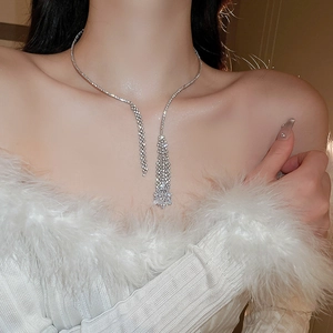 Elegant silver tassel choker necklace featuring cubic zirconia wheat ear charms for women