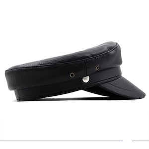 Classic black pebbled leather baker boy hat with silver side buckle and metal eyelets